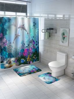 Savya Home - Shower Curtain & Bathroom Mat, Ocean Print (Set of 3)
