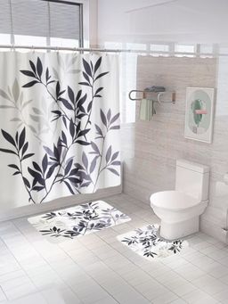 Savya Home - Shower Curtain & Bathroom Mat, Blue & Grey Leaves (Set of 3)