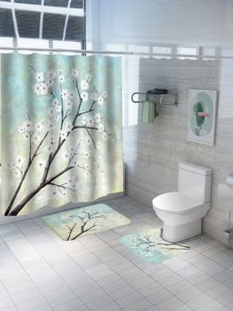 Savya Home - Shower Curtain & Bathroom Mat, Dogwood Blossoms (Set of 3)
