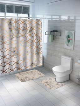 Savya Home - Shower Curtain & Bathroom Mat, Golden Marble Print (Set of 3)