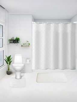 Savya Home - Shower Curtain & Bathroom Mat, Black & White Print (Set of 3)