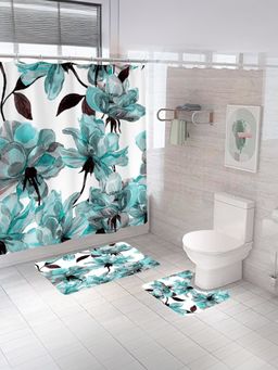 Savya Home - Shower Curtain & Bathroom Mat, Floral Aqua (Set of 3)