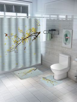 Savya Home - Shower Curtain & Bathroom Mat, Yellow Blossoms (Set of 3)