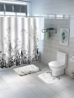 Savya Home - Shower Curtain & Bathroom Mat, Grey Wild Flowers (Set of 3)