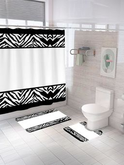 Savya Home - Shower Curtain & Bathroom Mat, Black & White Stripe Borders (Set of 3)