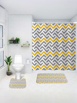 Savya Home - Shower Curtain & Bathroom Mat, Yellow & Grey Aztec (Set of 3)