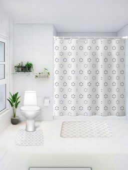 Savya Home - Shower Curtain & Bathroom Mat, Black & White Dotted Flowers (Set of 3)
