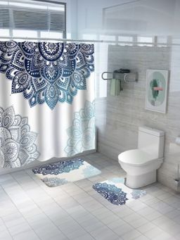 Savya Home - Shower Curtain & Bathroom Mat, Blue Mandala (Set of 3)