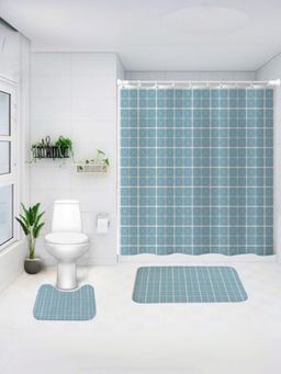 Savya Home - Shower Curtain & Bathroom Mat, Blue Checks (Set of 3)