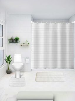Savya Home - Shower Curtain & Bathroom Mat, White Checks (Set of 3)