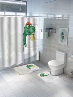 Savya Home - Shower Curtain & Bathroom Mat, Dinosaur Cartoon (Set of 3)