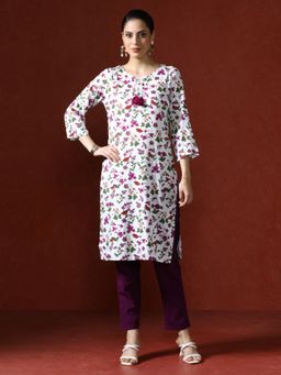 Jaipur Kurti - Floral Printed Straight White Kurta