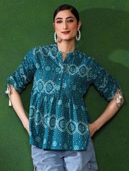 Jaipur Kurti - Floral Printed A-Line Teal Kurti