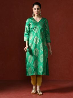 Jaipur Kurti - Printed Design Straight Green Kurta