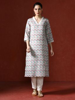 Jaipur Kurti - Printed Straight Beige Kurta