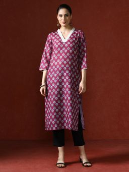Jaipur Kurti - Floral Printed Straight Pink Women Kurta