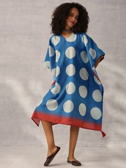 ISHIN - Comfy Blue Cotton Polka Dots Kaftan Dress with Tassels