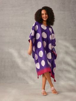 ISHIN - Comfy Purple Cotton Polka Dots Kaftan Dress with Tassels