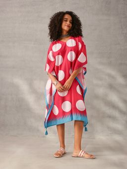 ISHIN - Comfy Pink Cotton Polka Dots Kaftan Dress with Tassels