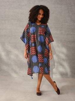 ISHIN - Comfy Black Cotton Stripes Kaftan Dress with Tassels