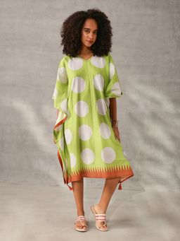 ISHIN - Comfy Green Cotton Polka Dots Kaftan Dress with Tassels