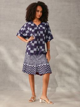 ISHIN - Comfy Navy Blue Cotton Checks Regular Fit Dress