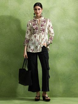 Jaipur Kurti - Floral Printed A-Line Off White Kurti