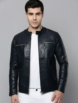 SHOWOFFFF - Mens Mandarin Collar Navy Blue Solid Leather Jacket