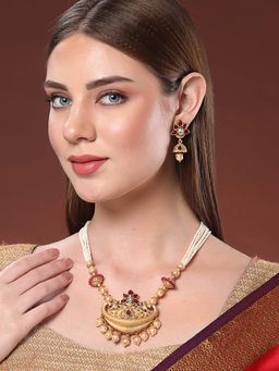 PANASH - Red Brass Necklace with Earrings (Set of 2)