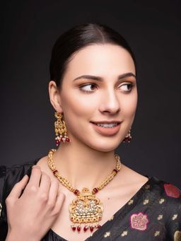 PANASH - Red Brass Necklace with Earrings (Set of 2)