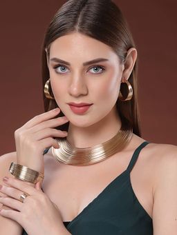 PANASH - Gold Brass Necklace with Earrings and Bracelet (Set of 3)