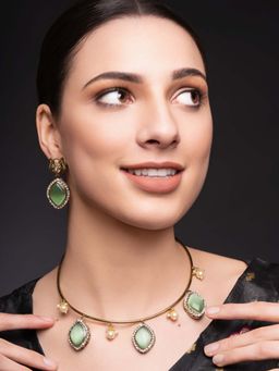 PANASH - Green Brass Necklace with Earrings (Set of 2)