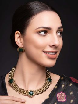 PANASH - Green Brass Necklace with Earrings (Set of 2)