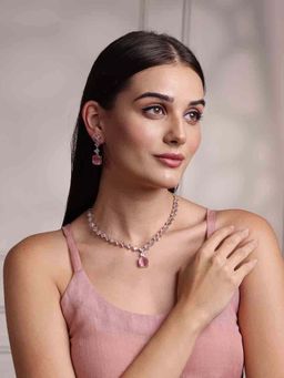 PANASH - Pink Brass Necklace with Earrings (Set of 2)