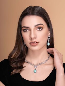 PANASH - Green Brass Necklace with Earrings (Set of 2)