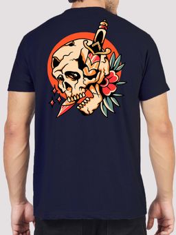 Greylongg - Navy Blue Graphic Round Neck T-Shirt