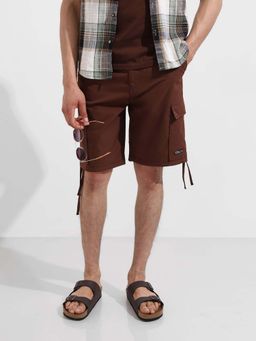 The Indian Garage Co - Brown Textured Mid Waist Shorts