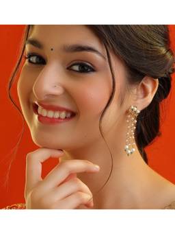 Ruby Raang Studio - Motimala Pearl Cascade Drop Earrings with Kundan Top