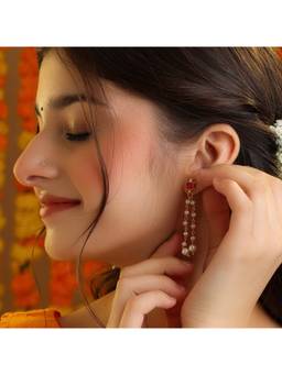 Ruby Raang Studio - Laal Jhalar Ruby Red Pearl Chain Drop Earrings - Simar Collection | Ruby Raang