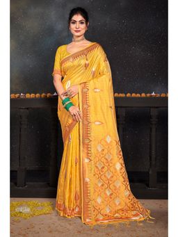 Sangam Prints - Yellow Silk Woven Zari Work Traditional Tassel Saree with Unstitched Blouse