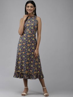 Yufta - Teal Floral Ethnic A-Line Midi Dress