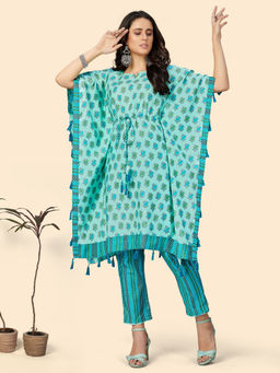 Vbuyz - Womens Foil Print Muslin Turquoise Stitched Kaftan Kurta With Pant (Set of 2)