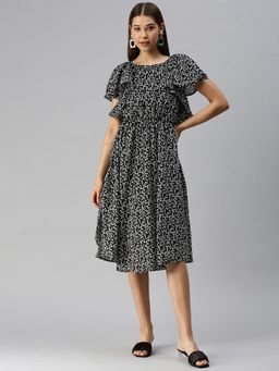 SHOWOFF - Women Black Printed Round Neck A-Line Dress