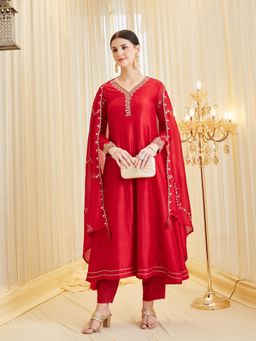 MOKOSH - Women Red Embroidered Anarkali Kurta with Pant and Dupatta