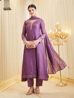 MOKOSH - Women Purple Embroidered Anarkali Kurta with Pant and Dupatta
