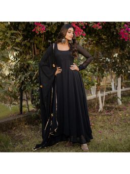 ESTELA - Women Black Solid Lace Work Anarkali Kurta with Pant and Dupatta