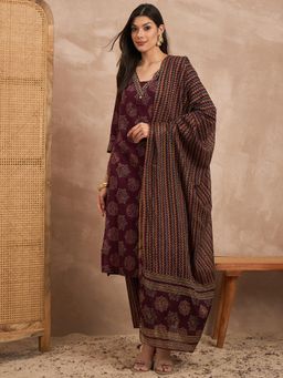 CHETI - Women Maroon Printed Sequined Work Kurta with Pant and Dupatta