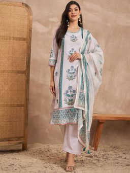 CHETI - Women White Floral Printed Kurta with Pant and Dupatta