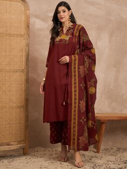CHETI - Women Maroon Floral Sequined Work Kurta with Pant and Dupatta
