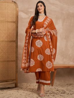 CHETI - Women Rust Embroidered Thread Work Kurta with Pant and Dupatta